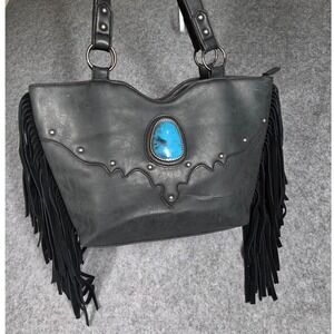Justin Fringe Handbag Black Western Turquoise Studded Shoulder Bag Conceal Tote